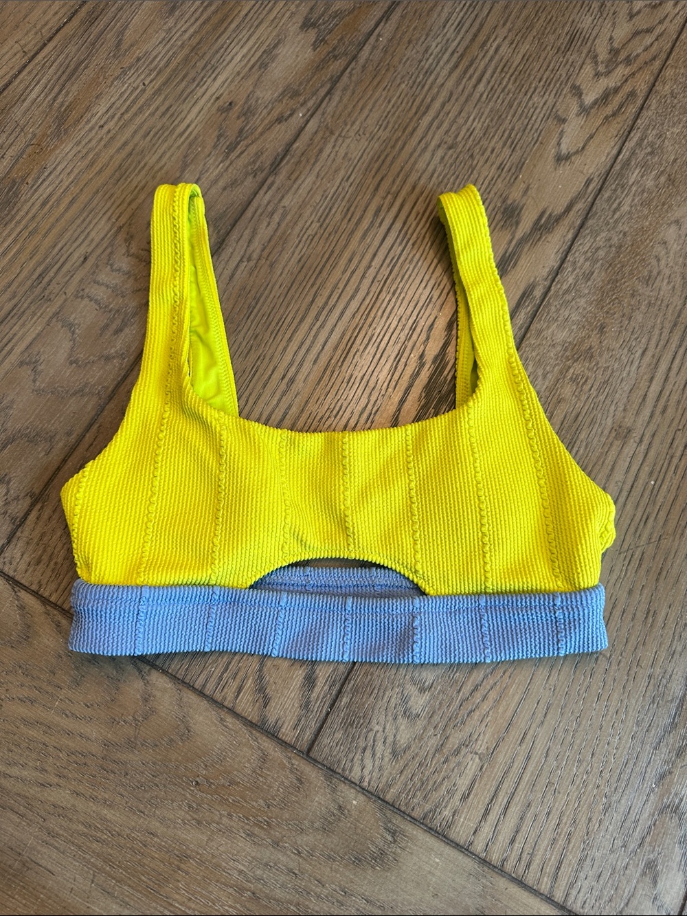 Aerie Crinkle Cut Out Scoop Bikini Top Colorblock Neon Lime Green Blue Size S